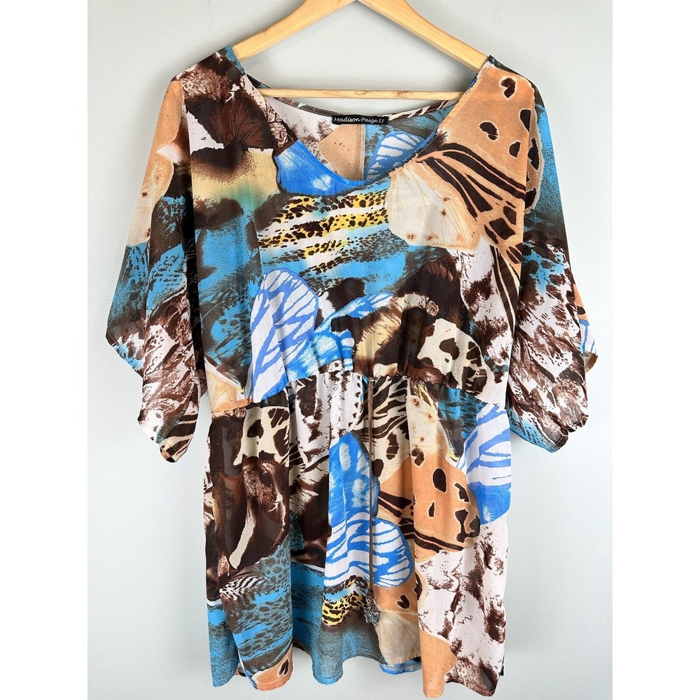 Madison Paige II Dolman Sleeve Butterfly All Over Print Blouse Women's Size L